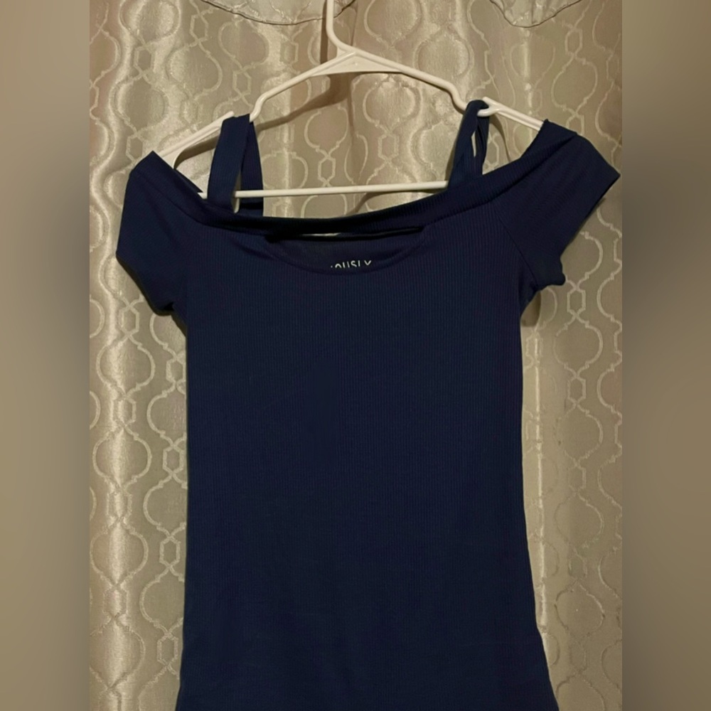 Dark blue, half off shoulder top